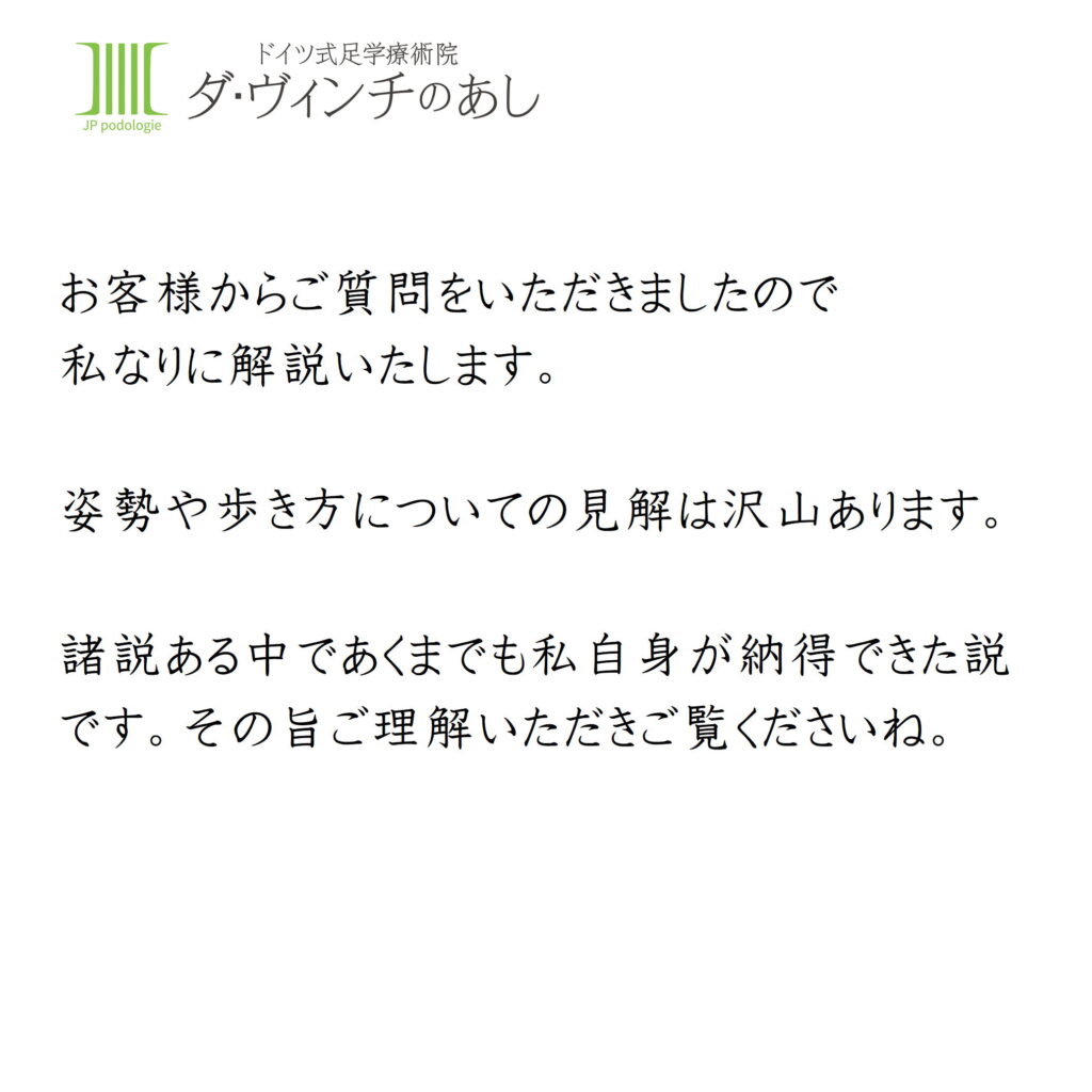 お客様からご質問いただきましたので、私なりに解説いたします。姿勢や歩き方についての見解はたくさんあります。
諸説ある中で私自身が納得できた説です。その旨ご理解いただきご覧ください。